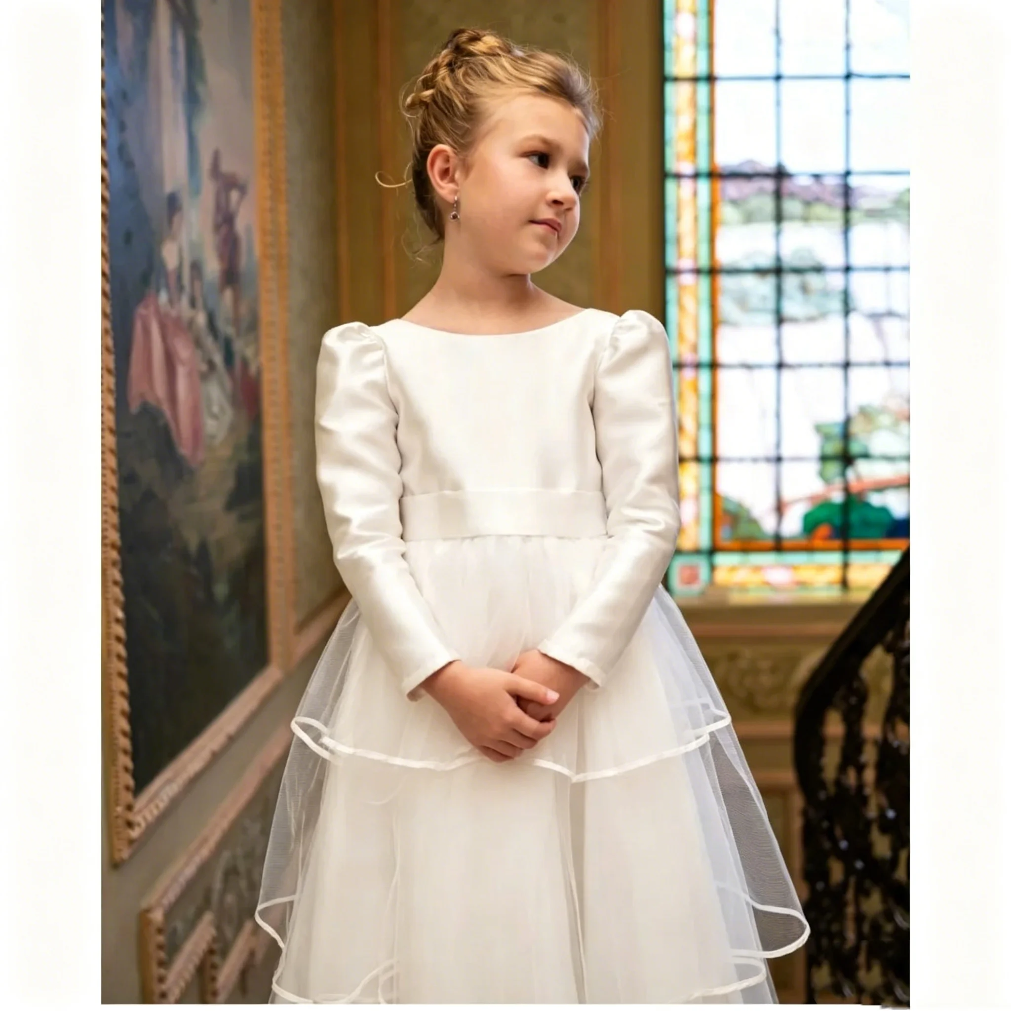 Lovely Ivory Long Sleeves Satin Flower Girl Dress for Princess Wedding Birthday Party First Communion Evening Ball Gowns