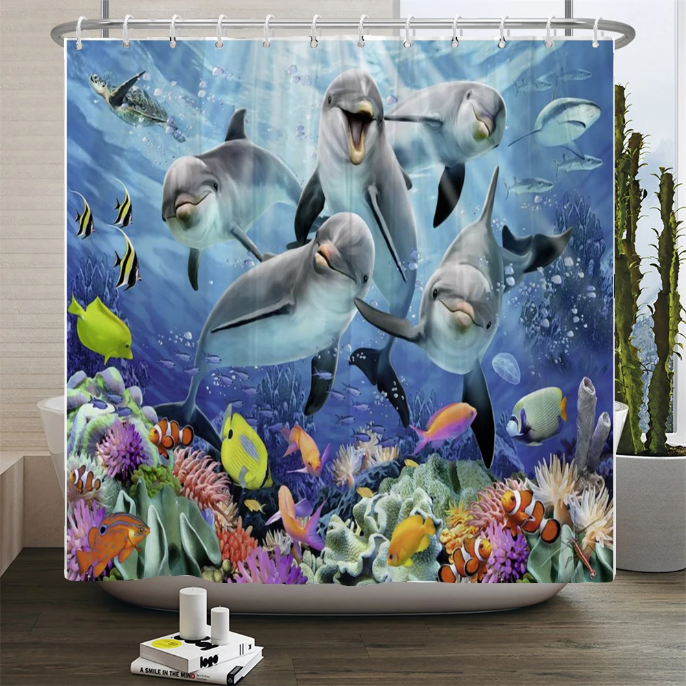 Ocean Sea Dolphin Fish Shower Curtain Waterproof Bathroom Curtains with Hooks 3d Printing Polyester Cloth 180*180cm Bath Curtain