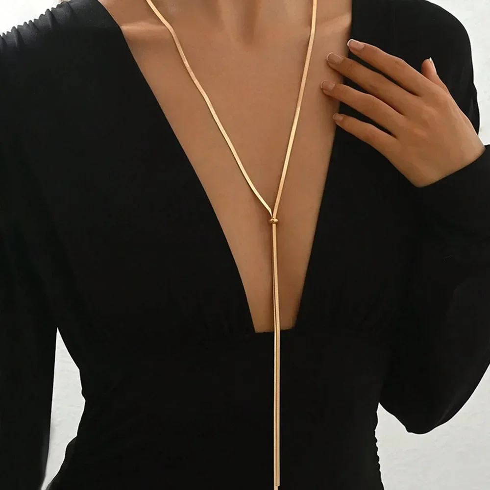 Punk Long Flat Snake Bone Y-Shaped  Chain Necklace for Women Gold Color Fashion Charms Jewelry Wholesale