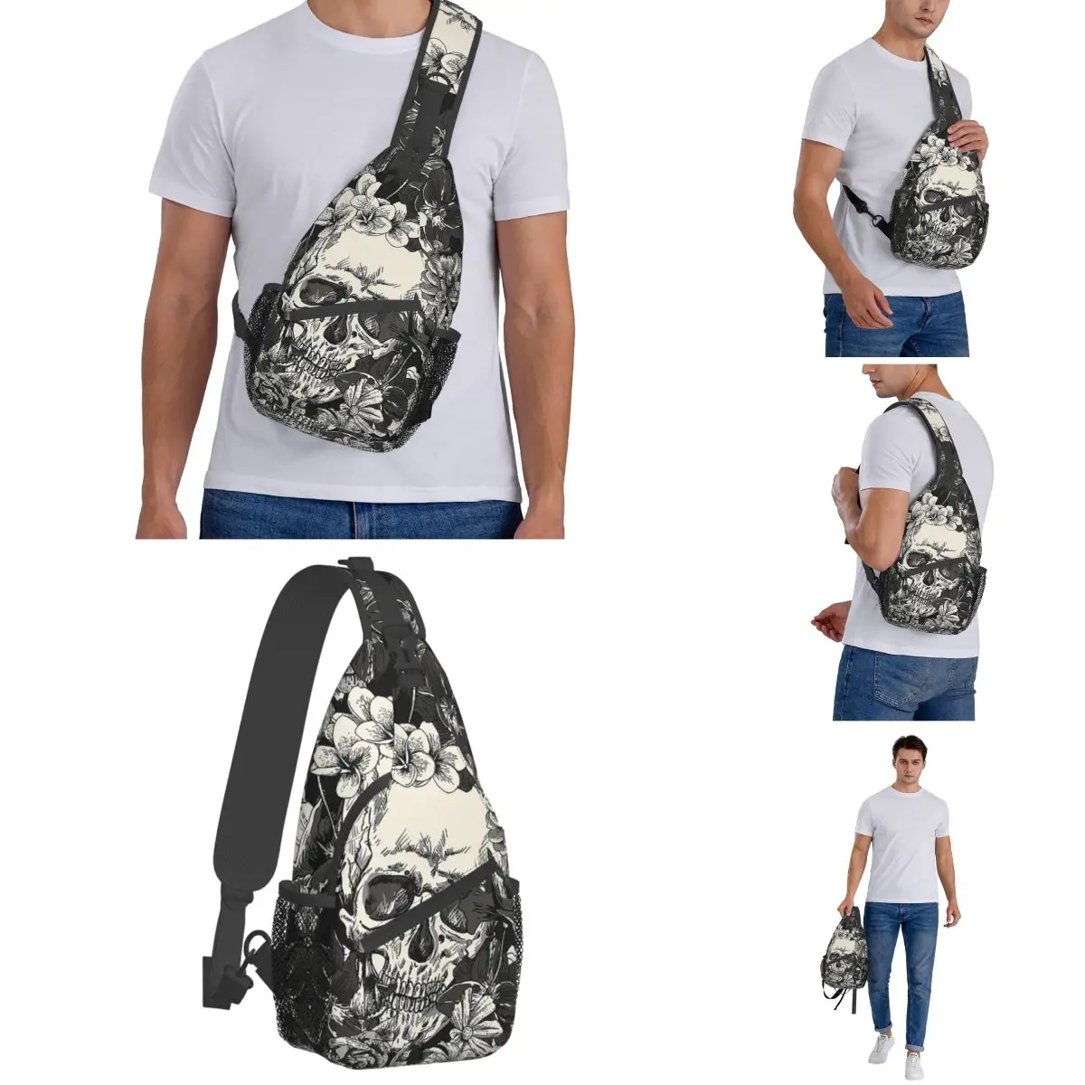 Sepia Gothic Dark Fear Crossbody Sling Bags Pattern Chest Bag Halloween Skulls Shoulder Backpack Daypack Hiking Travel Camping