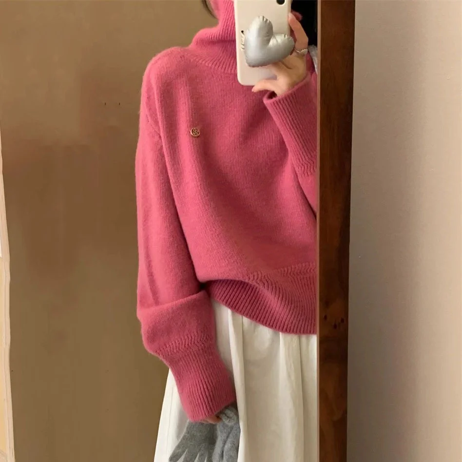 Maglione a colori alti Donna Autunno Inverno Morbido stile pigro Pullover lavorato a maglia allentato di alta qualità Top spesso color caramello dolce