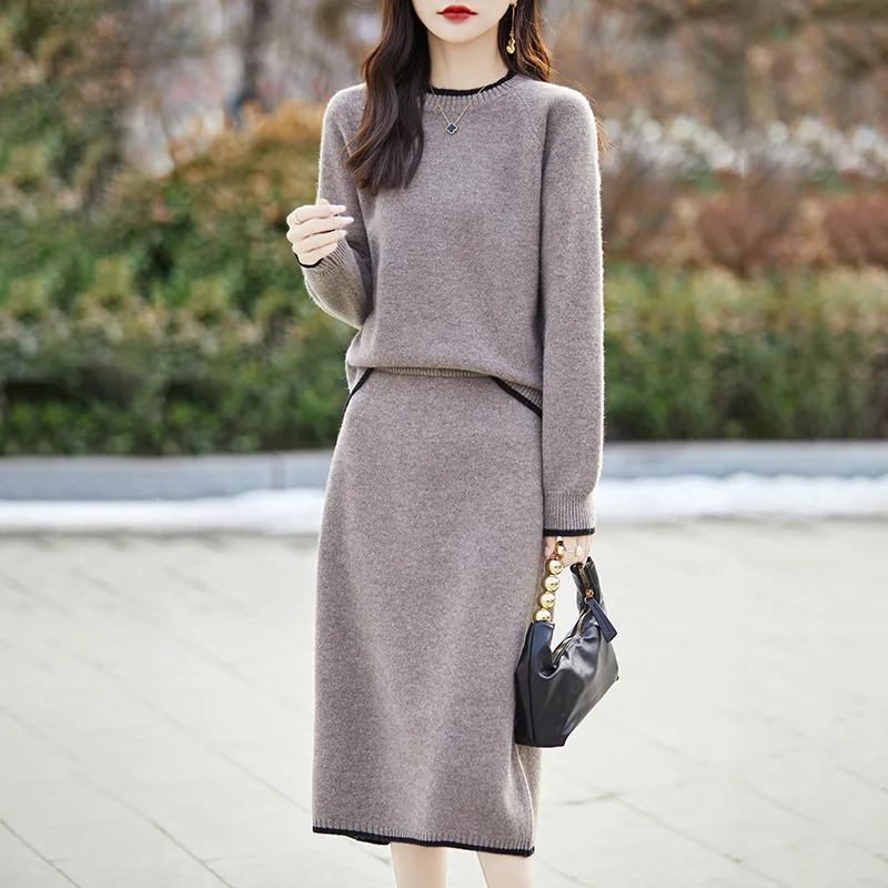 

High End Wool Skirt Set Cashmere Sweater Suit Round Neck Loose Fitting Set Sweater Women's Knitted Two-Piece Set Long Sleeve