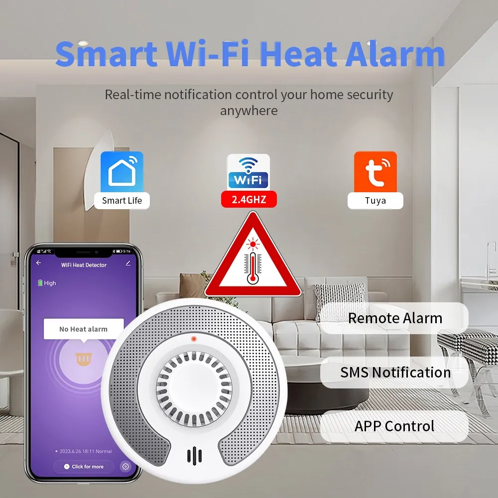 Smart Heat Detector Tuya APP 10Year Battery Fire Temperature Sensor Alarm Wi-Fi Heat Alarm Fire Home Security Alarm Smart Home