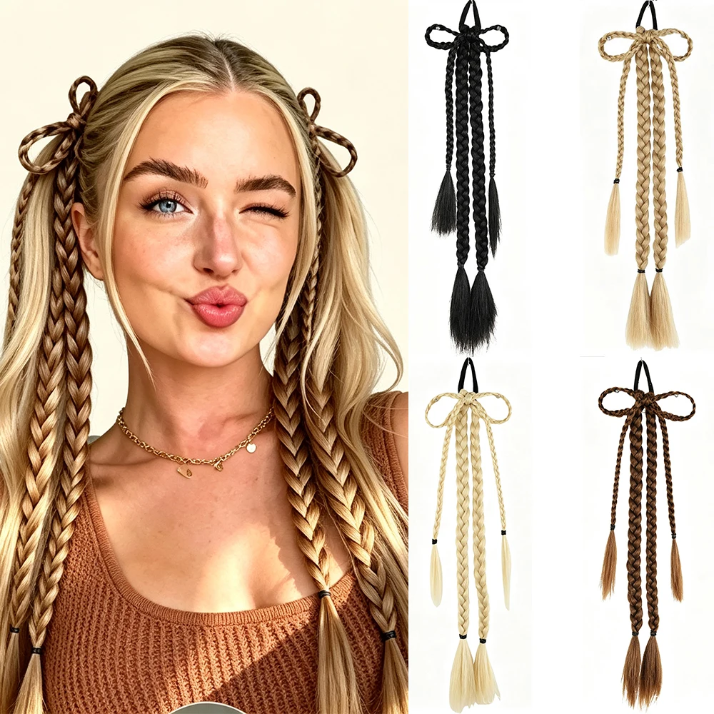 18inch Synthetic Bow Braided Ponytail Hair Extensions Braided with Elastic Rubber Band for Women Daily/Party/Music Festival Use