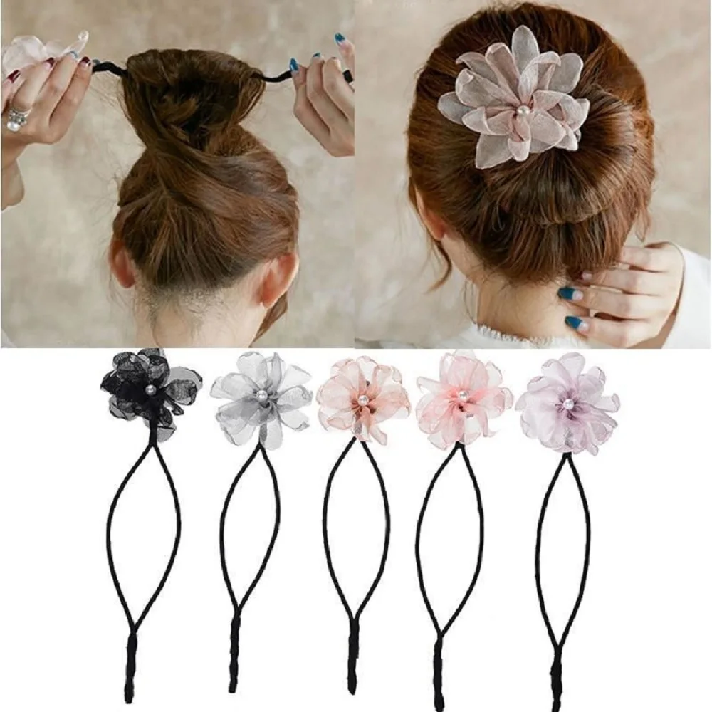 Fai da te donna Flower Donuts Twist Headband Hair Bun Maker strumento per acconciatura Pearl Hair Maker Tools accessori per capelli