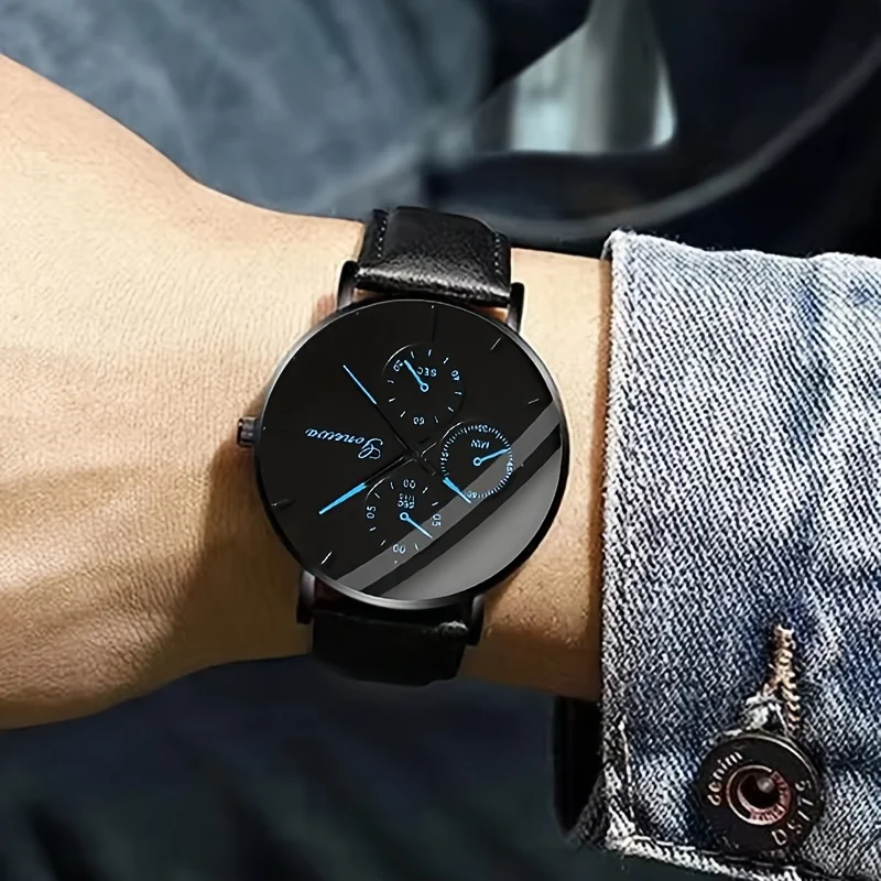 ساعة كوارتز ترفيهية للرجال ، ساعة معصم جلد صناعي تناظرية ، مجموعة مجوهرات ، 3 في كل مجموعة