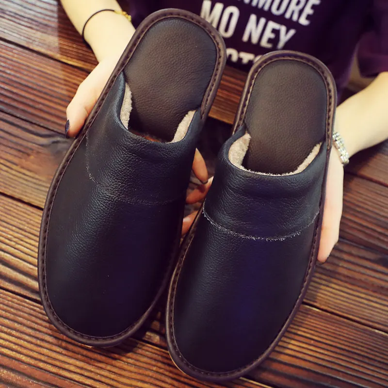 Genuine Leather Men House Slipper Ladies Hotel Shoes Leisure Slides
