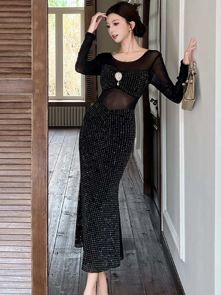 2025 diamantes pretos retalhos malha pura sexy vestido longo outono manga longa elegante vestido babados feminino coreano vestido de baile de luxo