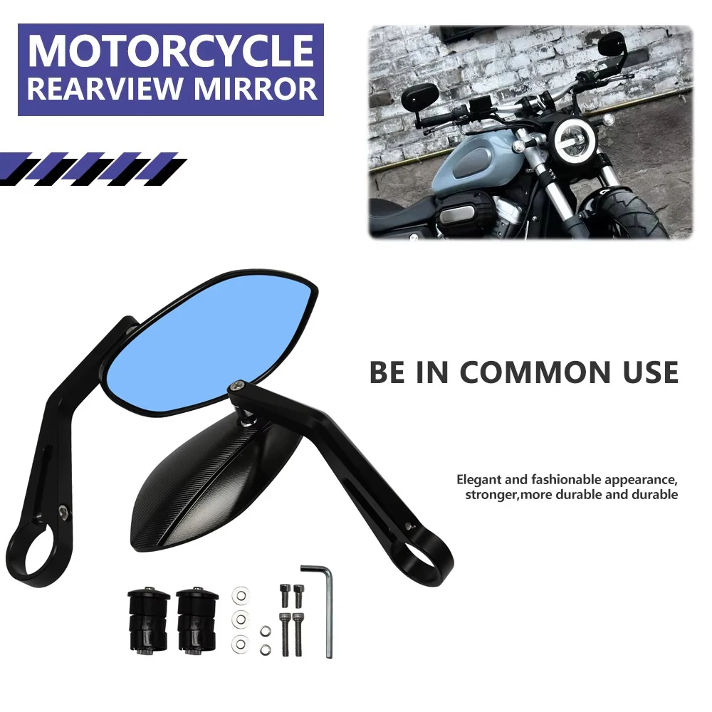 

Universal Adjustable Motorcycle Side Mirrors CNC Aluminum Handle Bar End Rearview Mirror Anti Glare Blue Glass Rear View