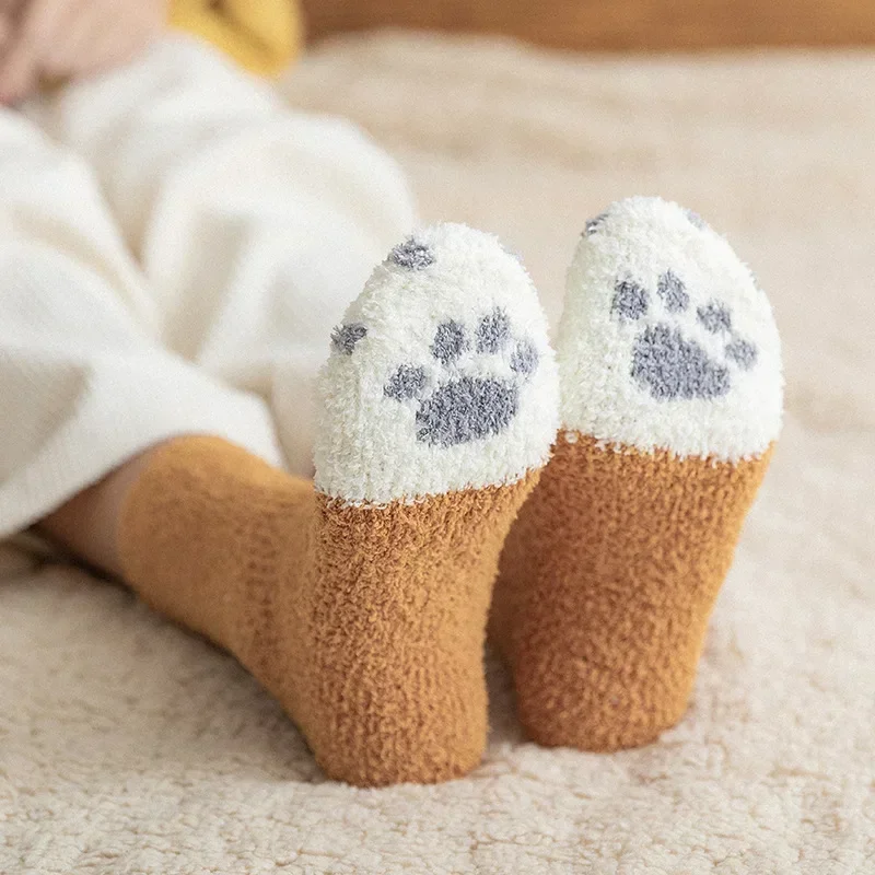 Plush Winter Cute Style Cat Paw Cartoon Pattern Women Cotton Socks Super Soft For Female Stay in the house Sleeping Floor Sox