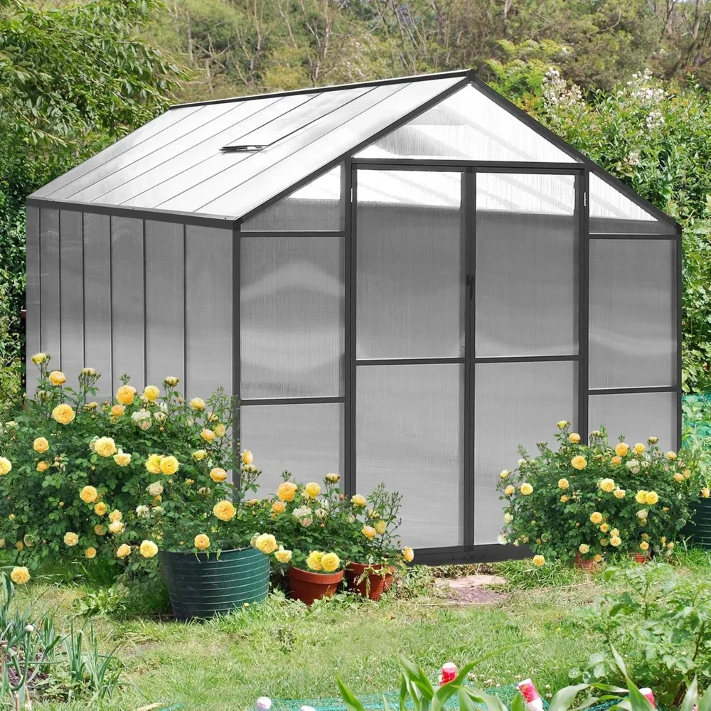 

8x14 FT Greenhouse Kit for Outdoor, Polycarbonate Aluminum Walk-in Green House with Lockable Door and Adjustable Roof Vent