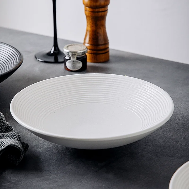 Black and White Ceramic Plate, Soup Plate, Household Noodle Bowl, Frosted Striped Bamboo Hat Bowl, Salad Bowl, Kitchenware
