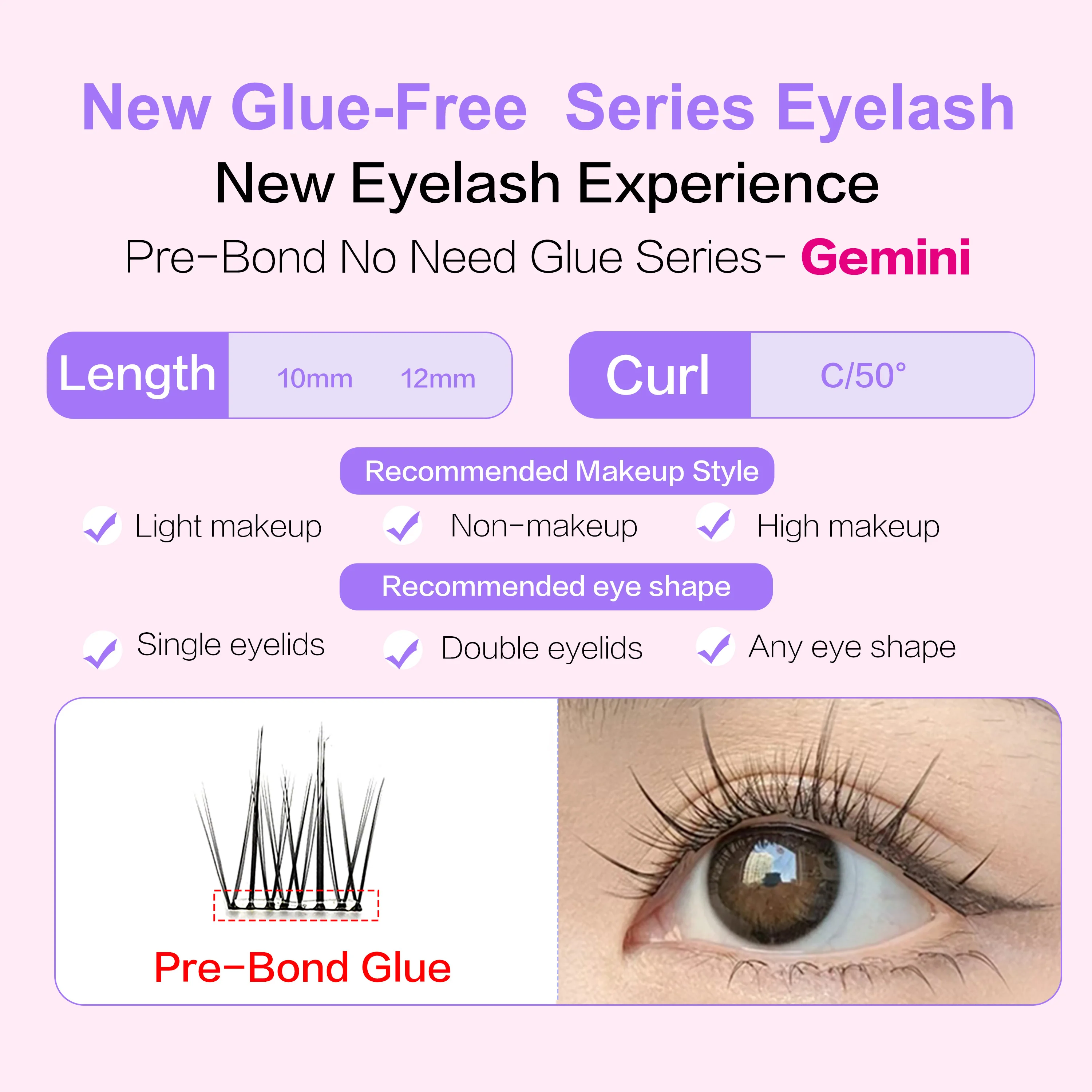 [Self Adhesive Eyelash] PRAECLARUS Gemini No Glue Needed Eyelash Natural False Eyelashes Extension Reusable Diy Eyelashes Makeup