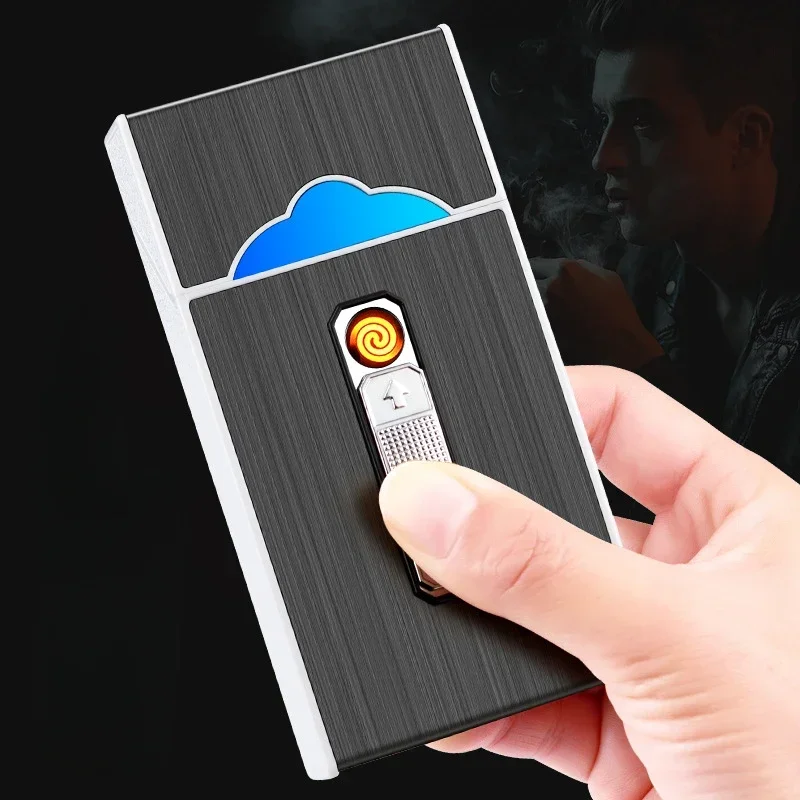 Thin Cigarette with Luminous USB Cigarette Lighter, 20 Cigarettes, Integrated Lighter Cigarette Case, Easy To Carry