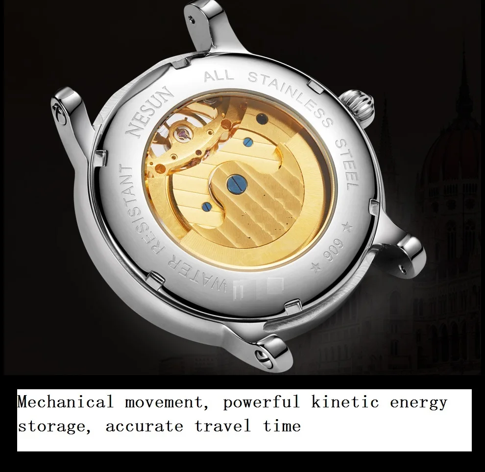 Nesun men's watch automatic mechanical watch men's large dial double hollowed men's watch luminous business men's watch