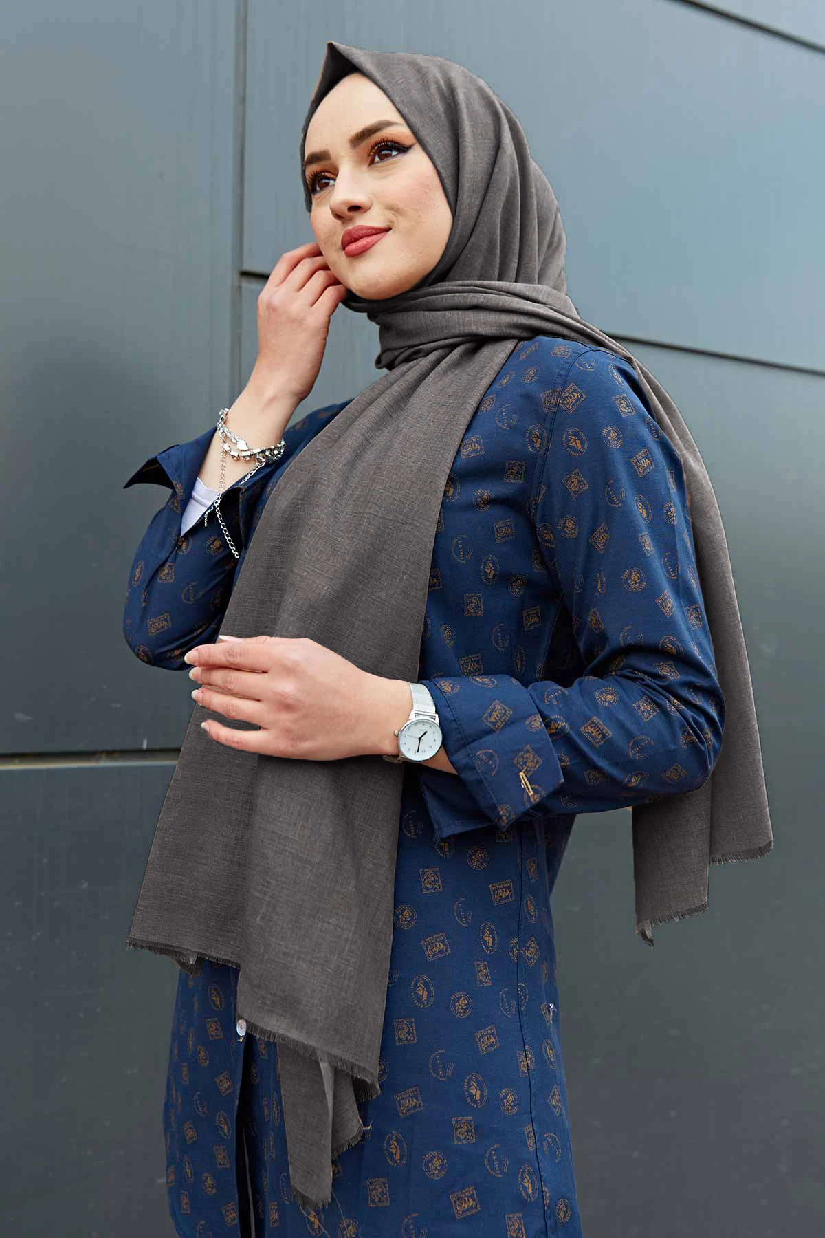 Linen Shawl E-Anthracite Winter Autumn 2021 Muslim Women Hijab headscarf Islamic Turkey