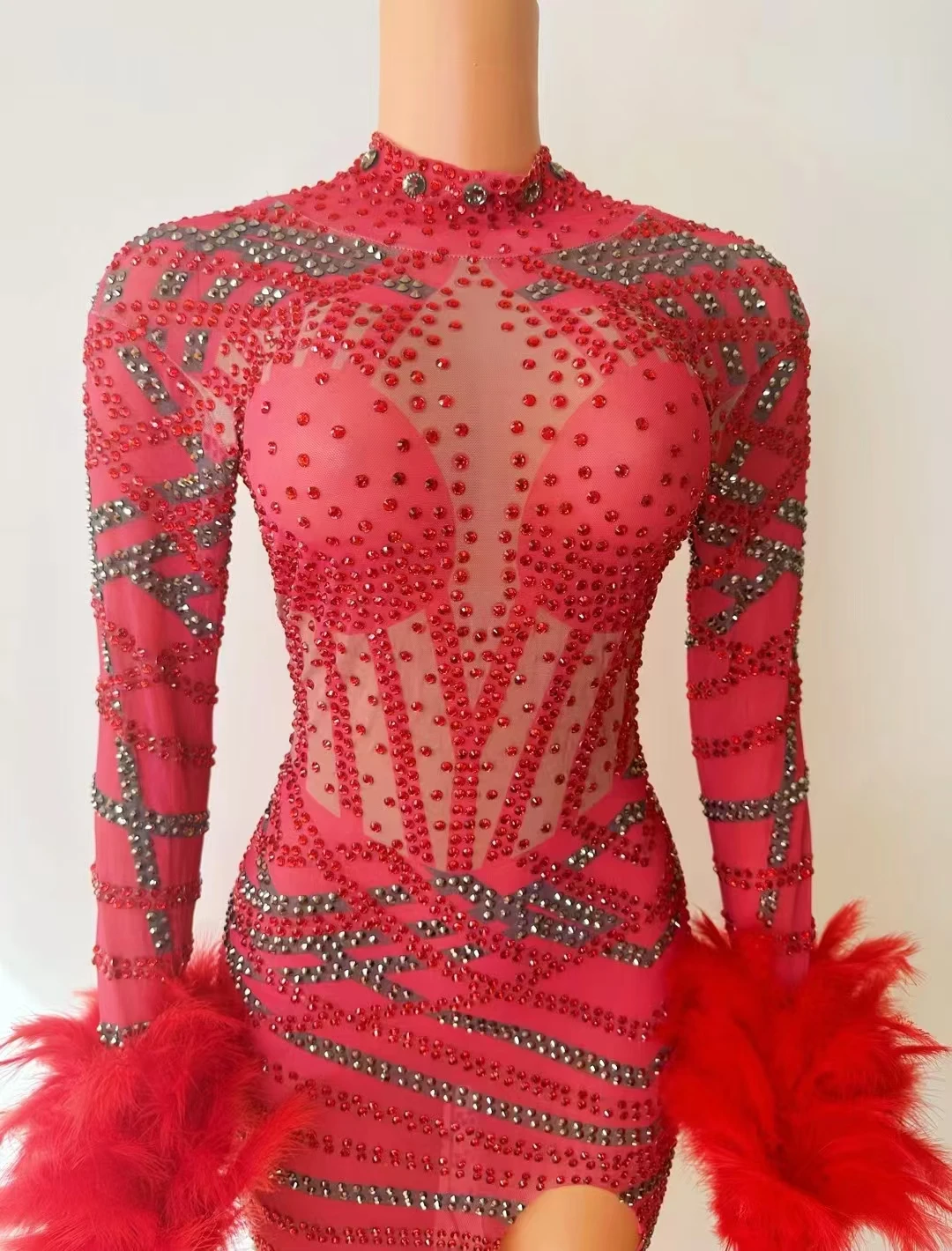 Red Hot Drilling Process Rhinestone Dress ForWomen Stretch Drag Queen Costume SparklyClub Night Performance Stage Wear 2024 A703