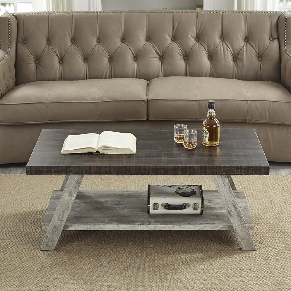 

Contemporary Wood Shelf Coffee Table Weathered Walnut and Gray Freight Free Furniture Center Tables for Living Room Chairs Coffe