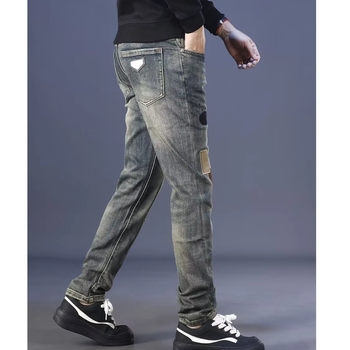 European American New Fashion Men Slim Patched Casual Trendy Simple Basic Daily Embroidered Jeans Male Denim Trousers Clothes