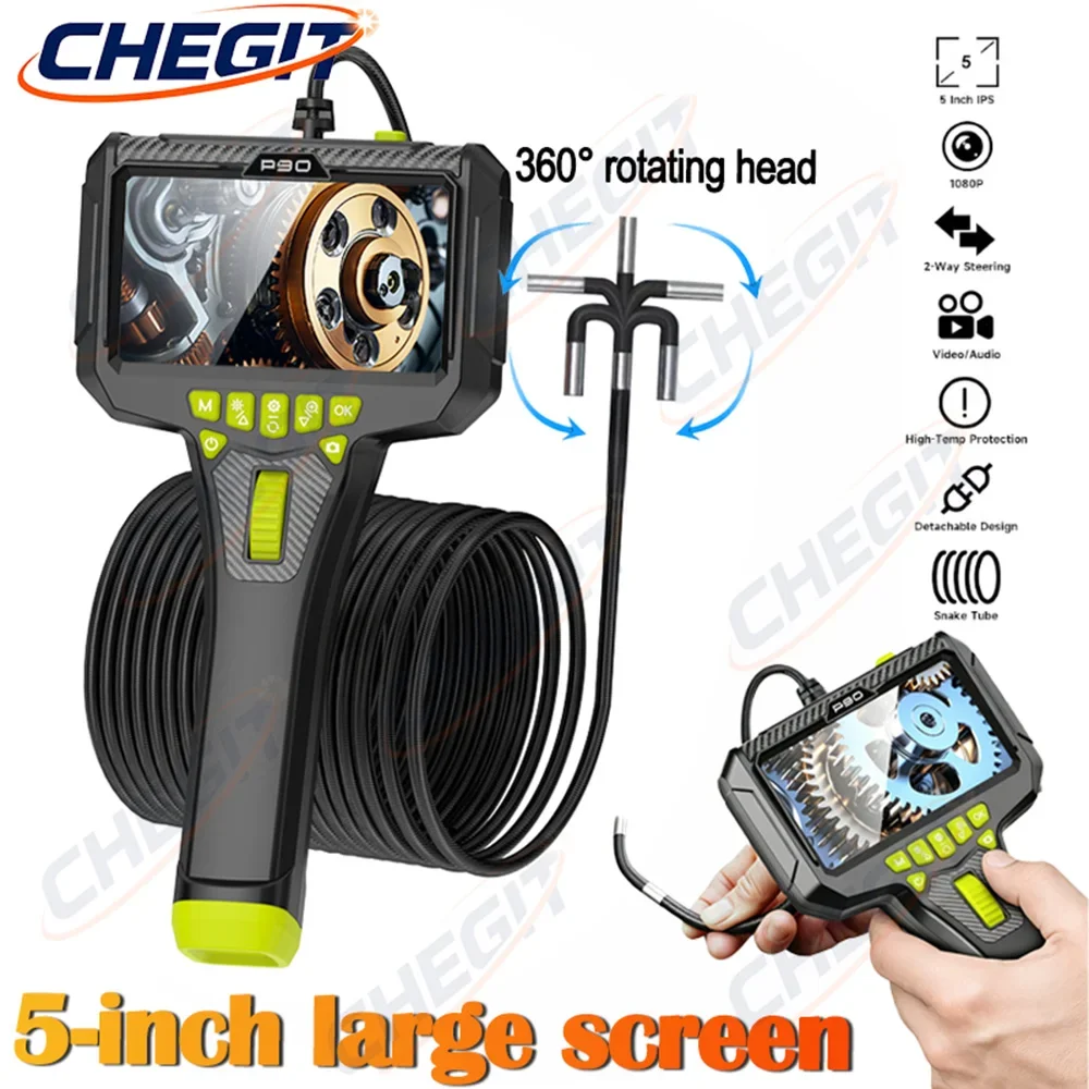 

360° Steering 5"IPS Screen Industrial Endoscope Camera 6mm Single Lens Waterproof Inspection Borescope For Car/Pipe/Repair