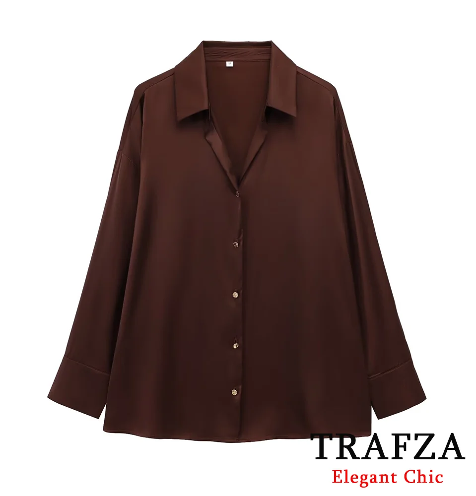 TRAFZA-Women Basic Satin Shirt Mocha Mousse Long Sleeve Lapel Buttons Shirt New 2025 Spring/Summer Stylish Commuter Dinner Shirt