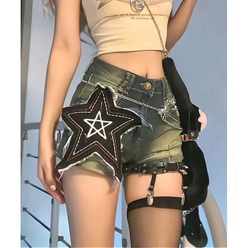 

Y2K Star Print Denim Shorts Women Harajuku Gothic Wide Leg Shorts Jeans Summer Vintage Streetwear High Waist Hot Short Pants New
