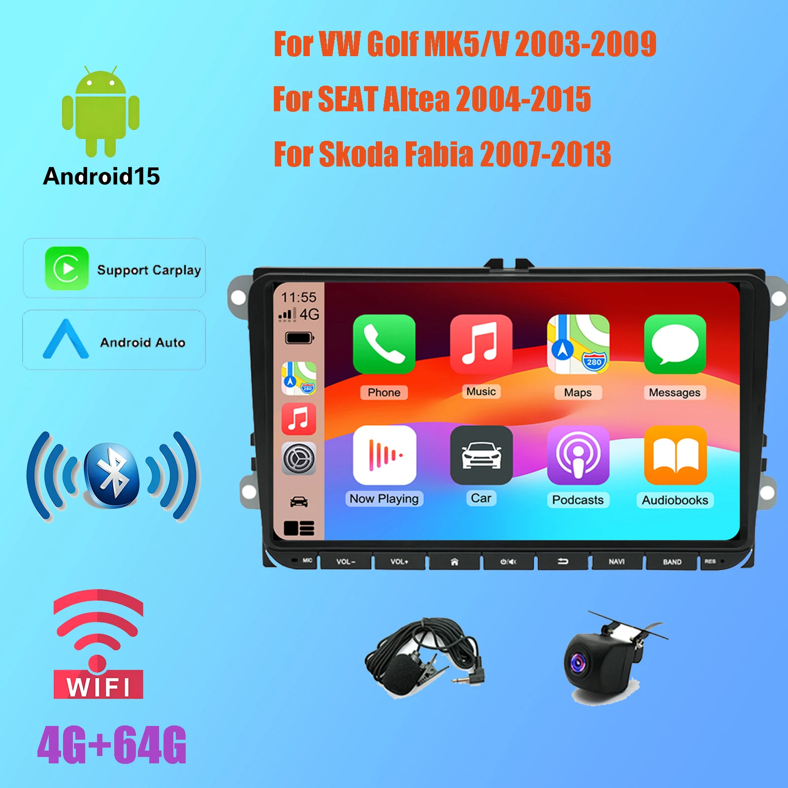Car Multimedia Player 4+64G Android 15  2 Din Car Radio  For VW Golf MK5/V 2003-2009 For SEAT Altea 2004-2015 For Skoda Fabia 2007-2013 GPS SWC High Quality