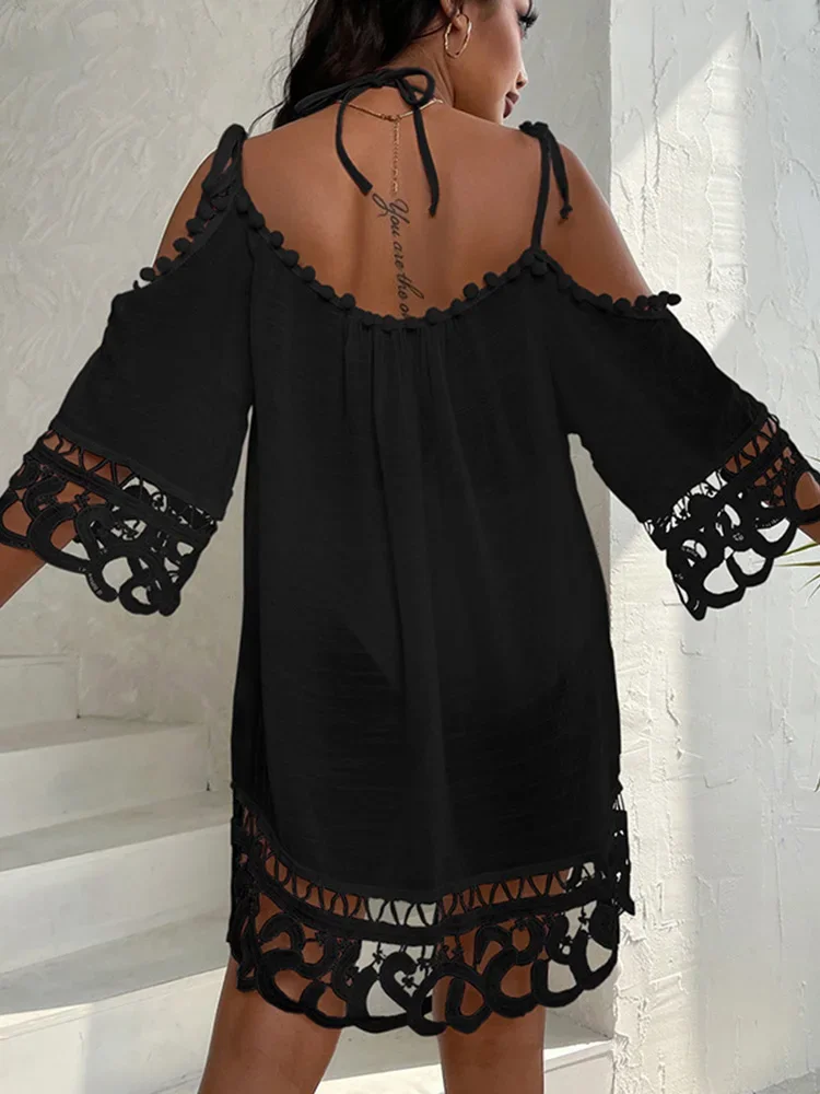 2025 nuevo Bikini de encaje cubrir mujeres ver a través de la playa encubrimientos elegante con cordones Vestido de playa de manga larga ropa de playa de moda de verano