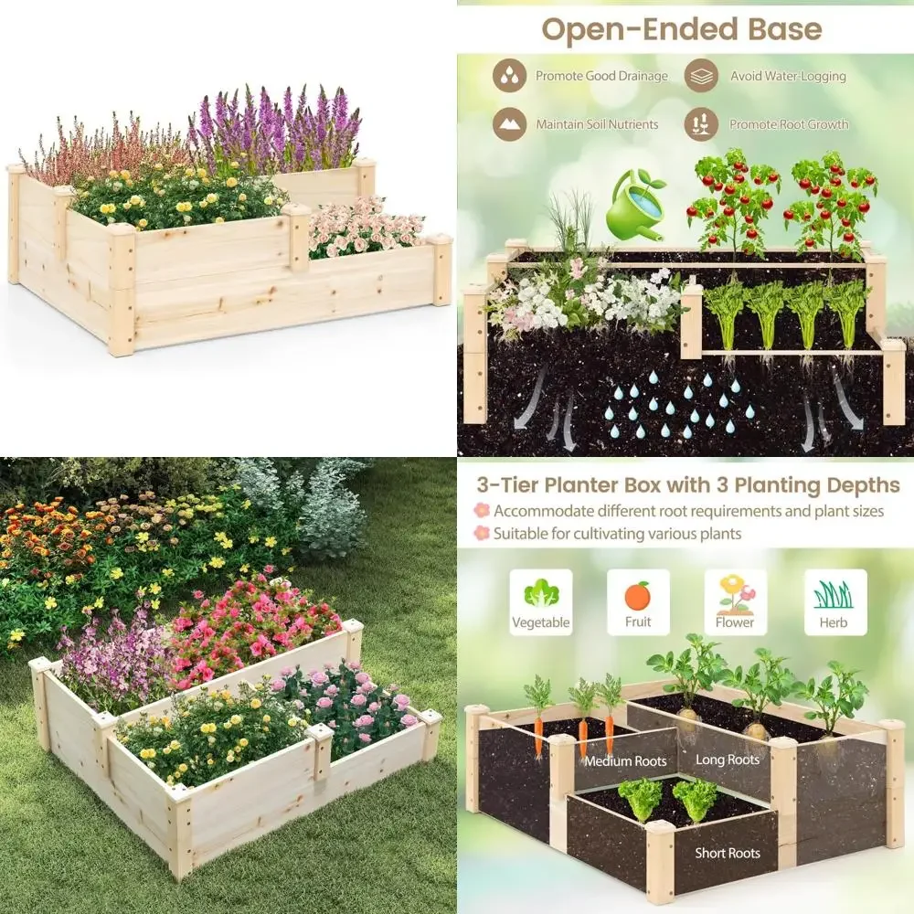

Elevated Wooden 3-Tier Garden Planter Box with Open-Ended Base and Multiple Arrangement Options for Versatile Yard Planting