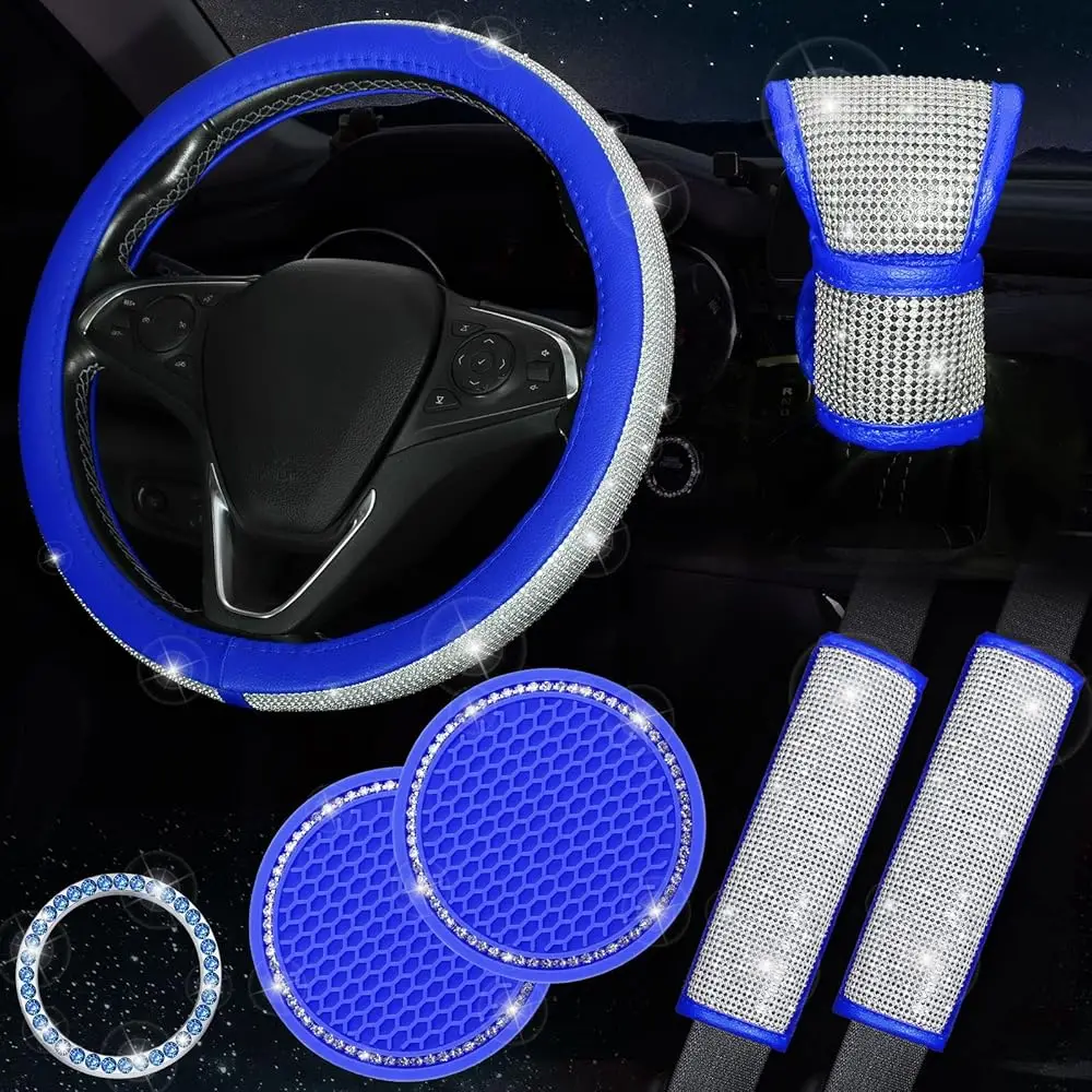 

Набор из 7 чехлов для руля Bling Blue, украшенных кристаллами и стразами, королевский синий цвет, аксессуары для автомобиля для женщин и девушек, Seatbe