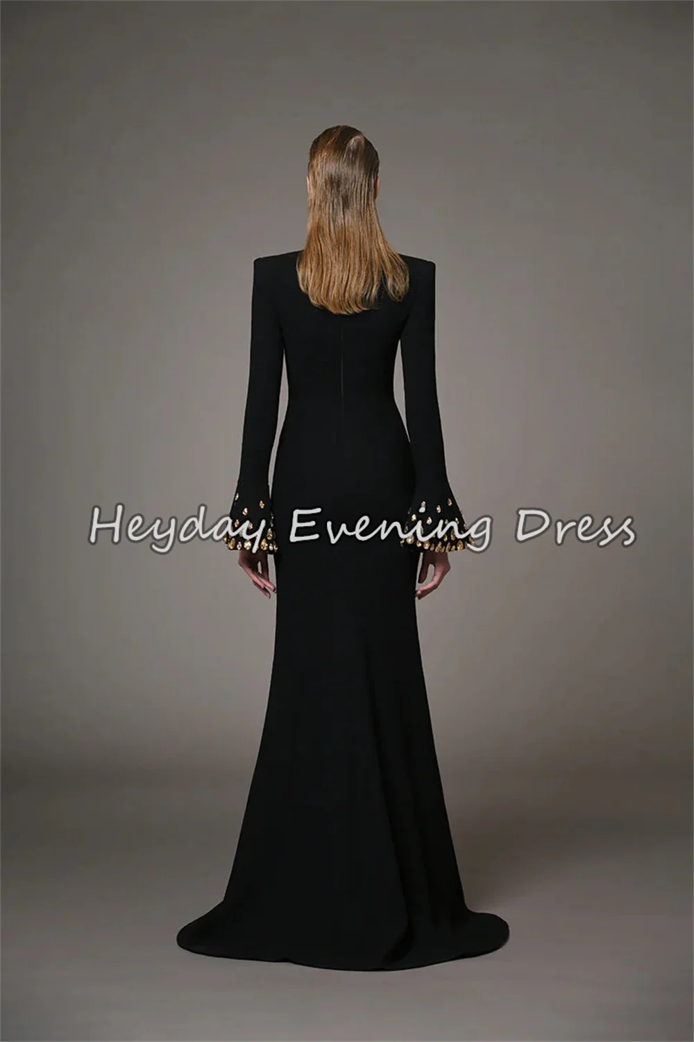 Heyday crepe a linha com decote em v até o chão vestidos de noite simples para mulher 2025 com miçangas mangas compridas vestido de festa árabe saudita