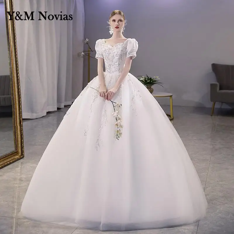 

Y&m Vestidos De Novias 2022 New Fashion Simple V Neck Plus Size Wedding Dress Sleeve Lace Sequined Bridal Gowns Robe De Mariee