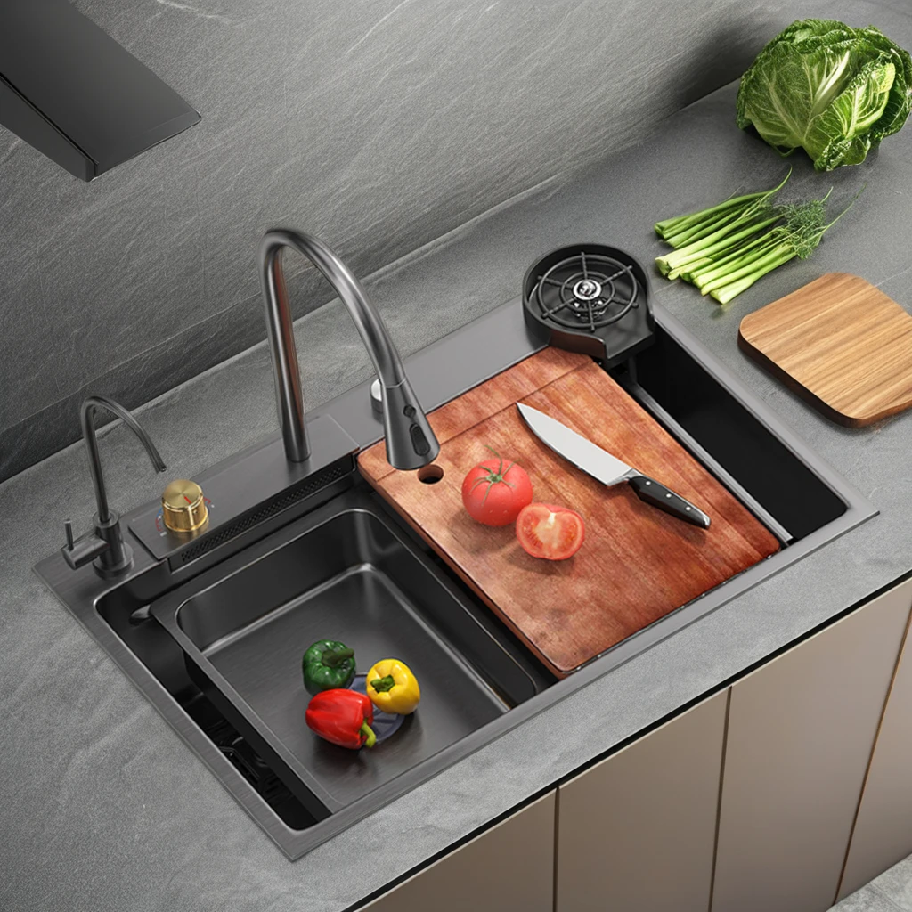 Multifunctional Anti-Scratch LED Digital Display Kitchen Sink Black Nano Workstation With Double Bowl Cup Washer