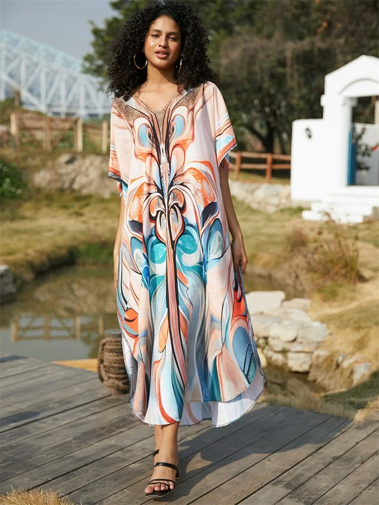 EDOLYNSA Plus Size Kaftan nadruk w stylu Boho 2024 letnie przytulne stroje plażowe kostium kąpielowy dla kobiet luźna boczne rozcięcie sukienka