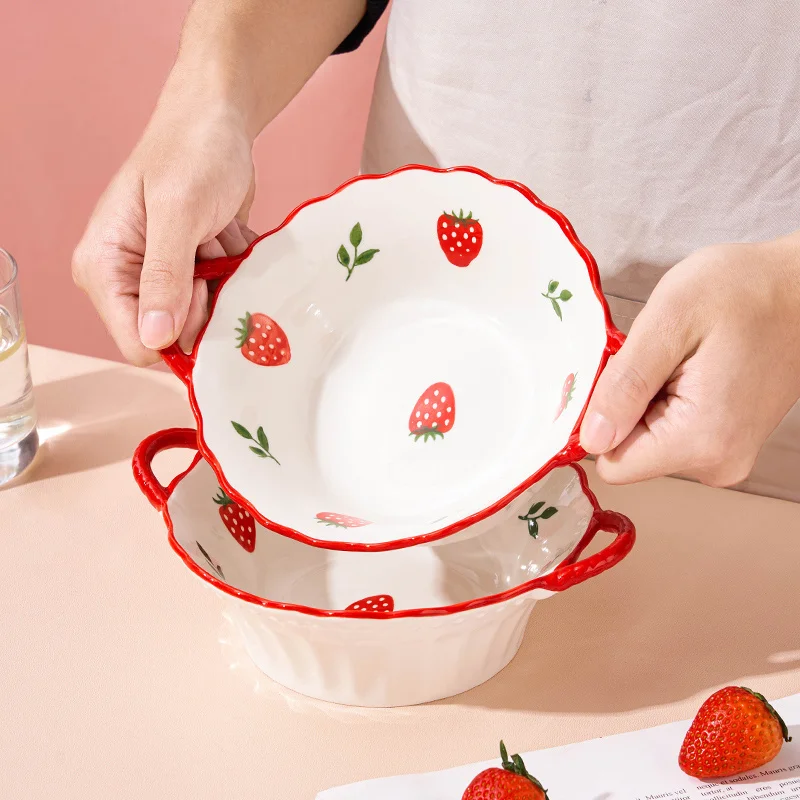 1/2pcs 8-Inch Ceramic Strawberry Ramen Bowl Set – Japanese Cute Design for Noodles & Salads – Microwave Safe, Perfect for Fruit view 3
