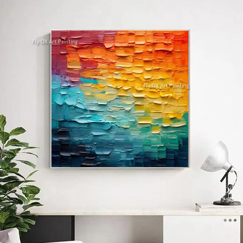 Colorful Blue Yellow Orange Gradation Abstract Oil Painting Handmade Modern Color Change Canvas Wall Art For Living Room Decor