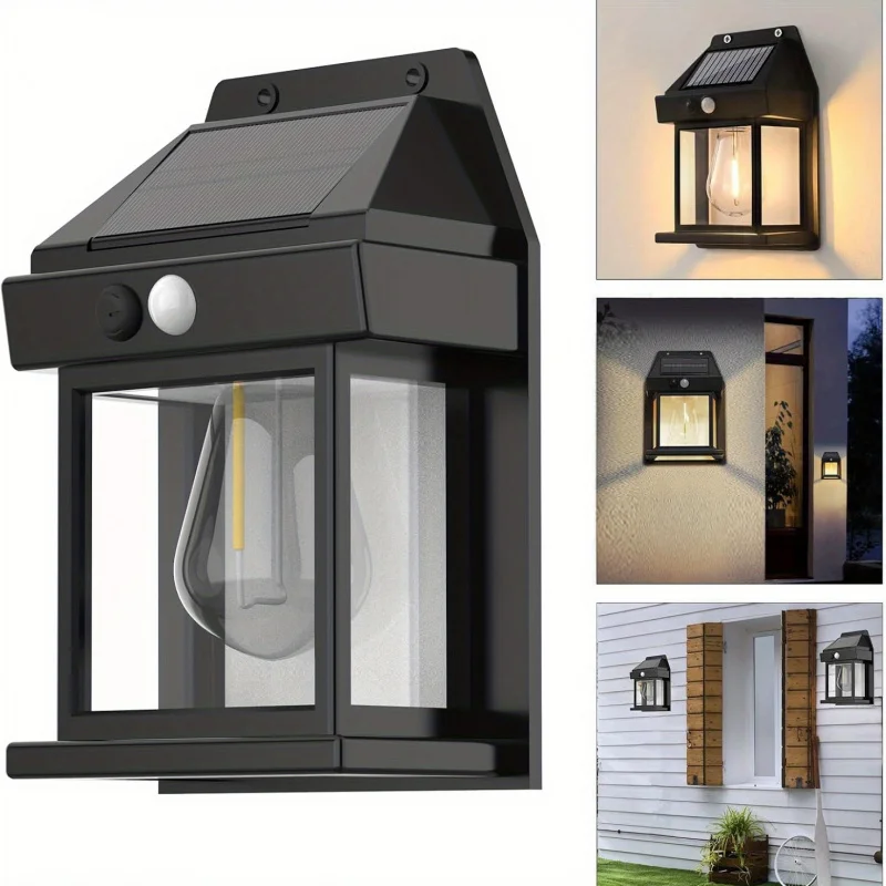 

Solar Wall Lights Outdoor, Dusk to Dawn Porch Fixture, Lantern with 3 Modes & Motion Sensor, Solar Sconce