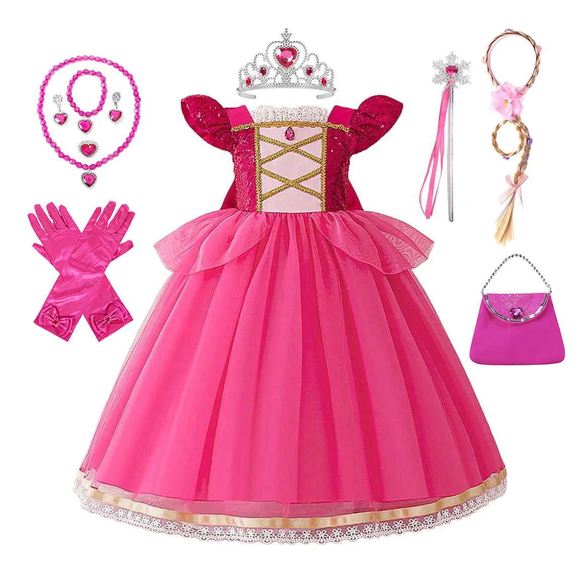 Girls Fuchsia Sequins Princess Dress Lace Trim Gold Mesh Tulle Ball Gown Kids Halloween Sleeping Beauty Role Play Aurora Apparel