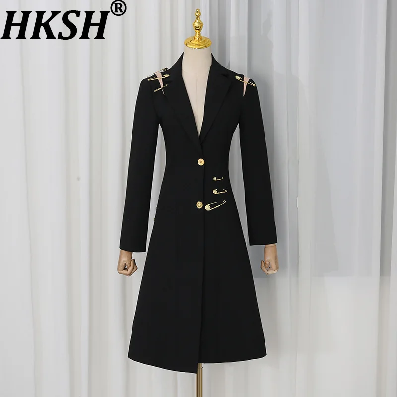 HKSH Women Long Windbreaker Dark Design Large Needle Patchwork Waist Cinching Slim Fit Niche High Street Ins Trench Coat HK28162