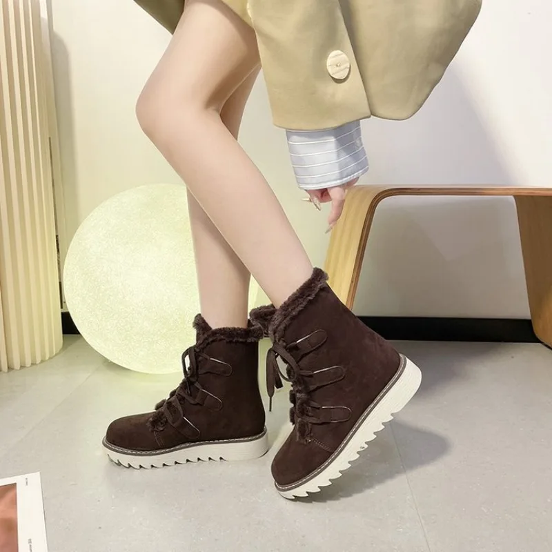 Women Shoes Winter New Plush Waterproof Anti-Slip Snow Boots Thermal Insulation Lace Up Outdoor Mid Calf Boots for Cold Weather