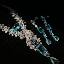 2023 Women Maria Blue Water Drop Cheetah Gem Necklace Plated with 18K Gold Blue Gradient Zircon Earrings