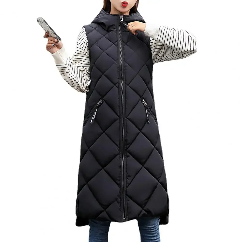 Gilet con cappuccio da donna gilet giacca lunga a forma di griglia di diamanti cerniera Cardigan senza maniche stile alla moda autunno inverno