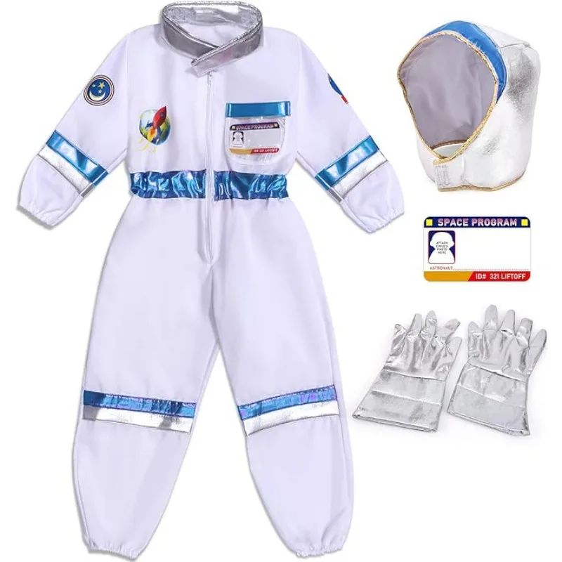 Astronaut Cosplay Spacesuit Costume Jumpsuit Workwear Uniform White Bodysuit with Hood Gloves Full Set for Girls Boys view 5