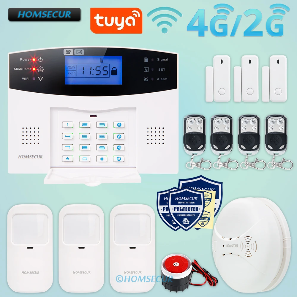 

HOMSECUR Wireless &Wired WIFI 4G GSM SMS Autodial Burglar Alarm Home Security System 433MHz TUYA APP Controlled PIR Smoke Sensor