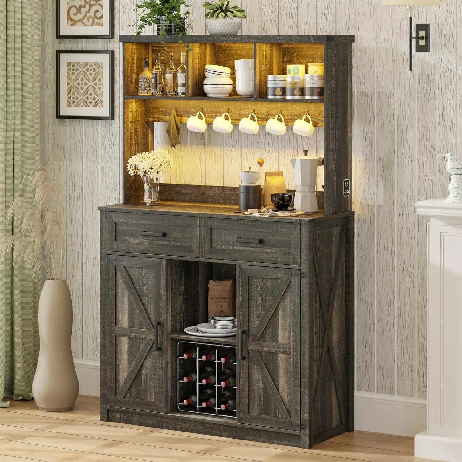 

Farmhouse Sideboard Buffet Cabinet with Storage, LED Coffee Bar with 3 Color Lights and Charging Station