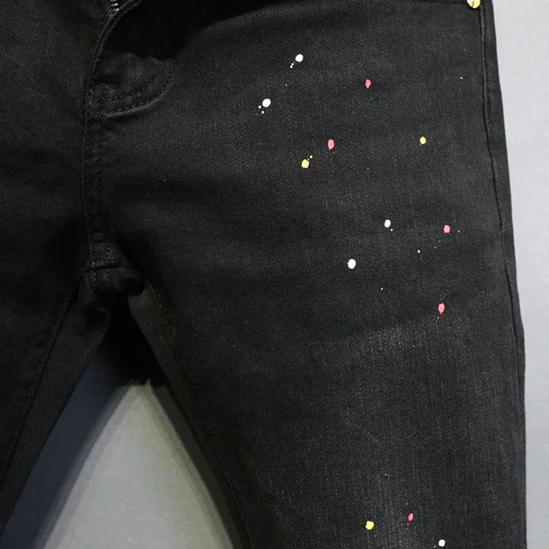 Jean Déchiré Noir pour Homme, Pantalon Crayon en Denim, de Style Hip Hop, Peint, à la Mode