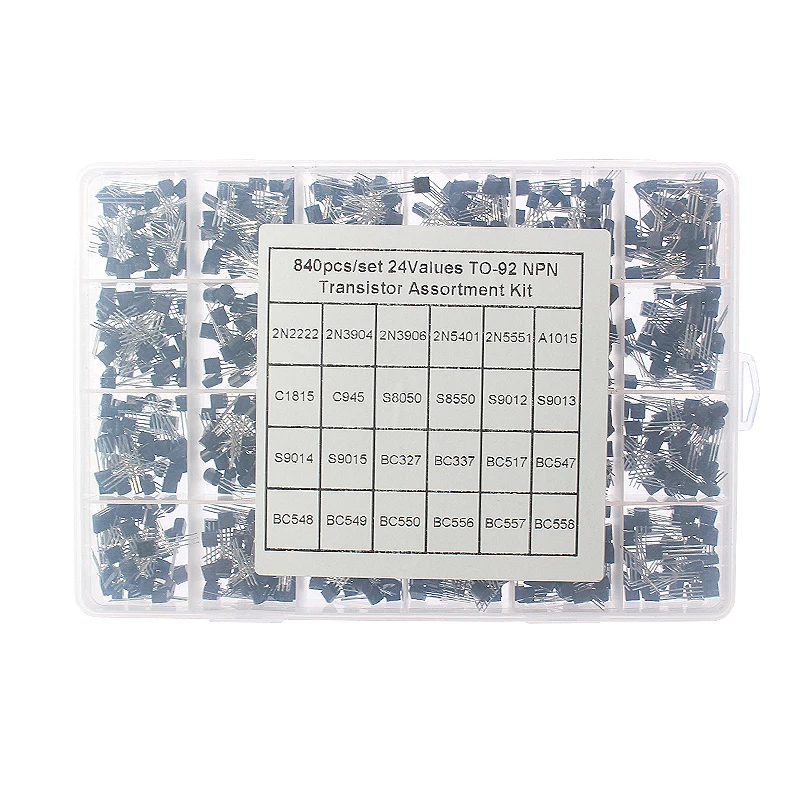 24 Values TO-92 840pcs Transistors Kit NPN PNP Transistor 2N2222 2N3904 2N5551 BC327 BC337 BC547 BC549 BC558 A1015 C1815 S8050