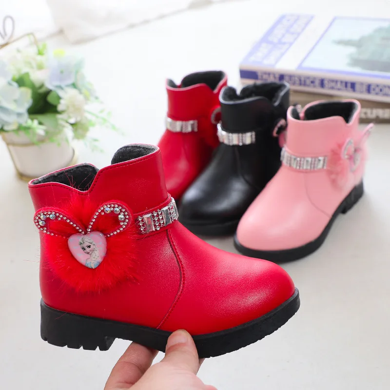 

Girls Winter Cotton Boots Children Soft Soled Add Velvet Keep Warm Boots Mid Top Rabbit Ears Rhinestones Side Zippers Antiskid