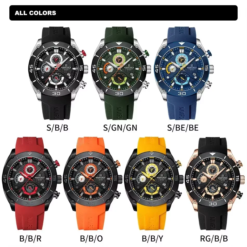 NAVIFORCE, reloj deportivo para hombre de la mejor marca, correa de silicona informal, cronógrafo luminoso resistente al agua, reloj de pulsera de