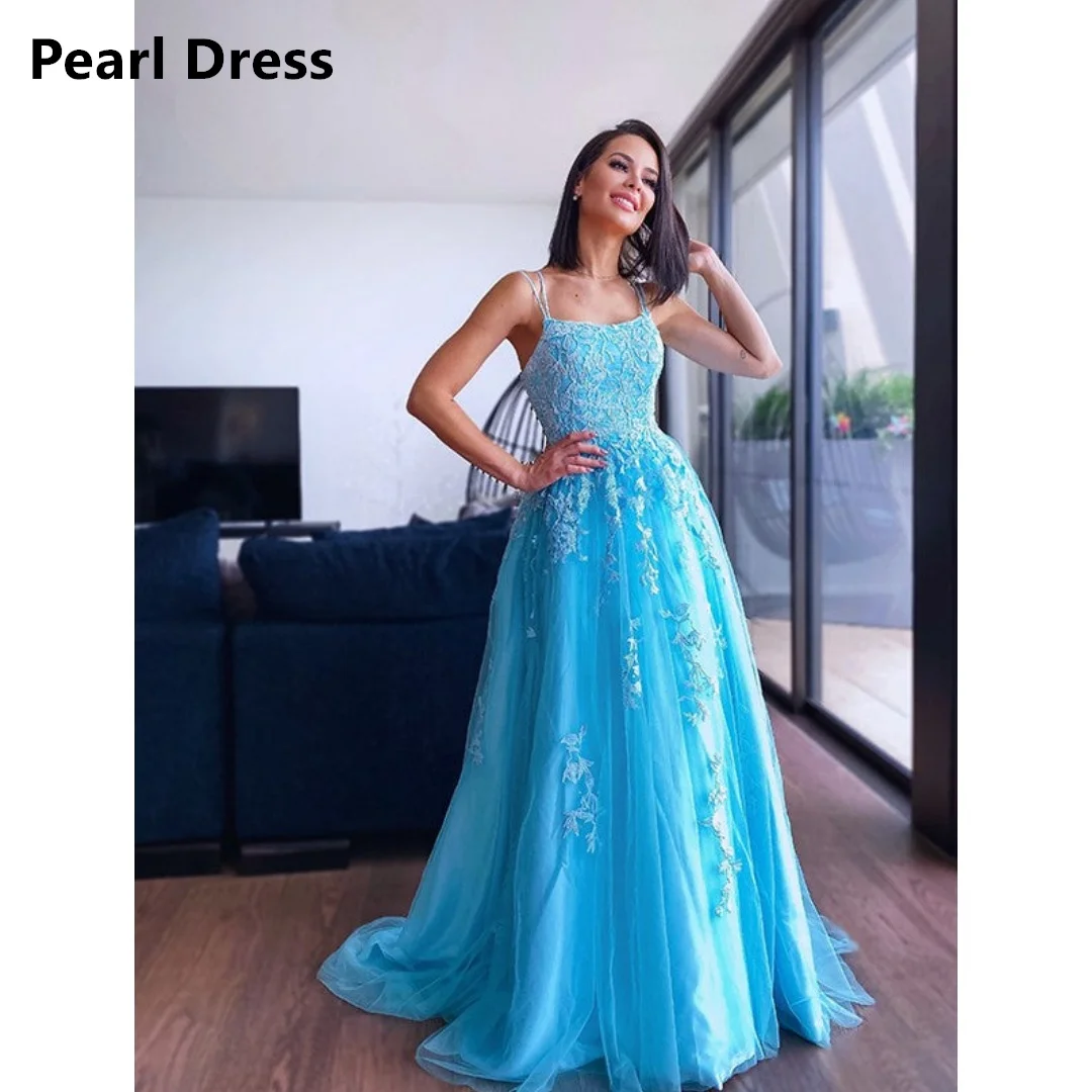 

Pearl Evening Dresses for Special Occasions Custom Made Wedding Party Dress Applique Line A Tulle Spaghetti Straps Ground Length